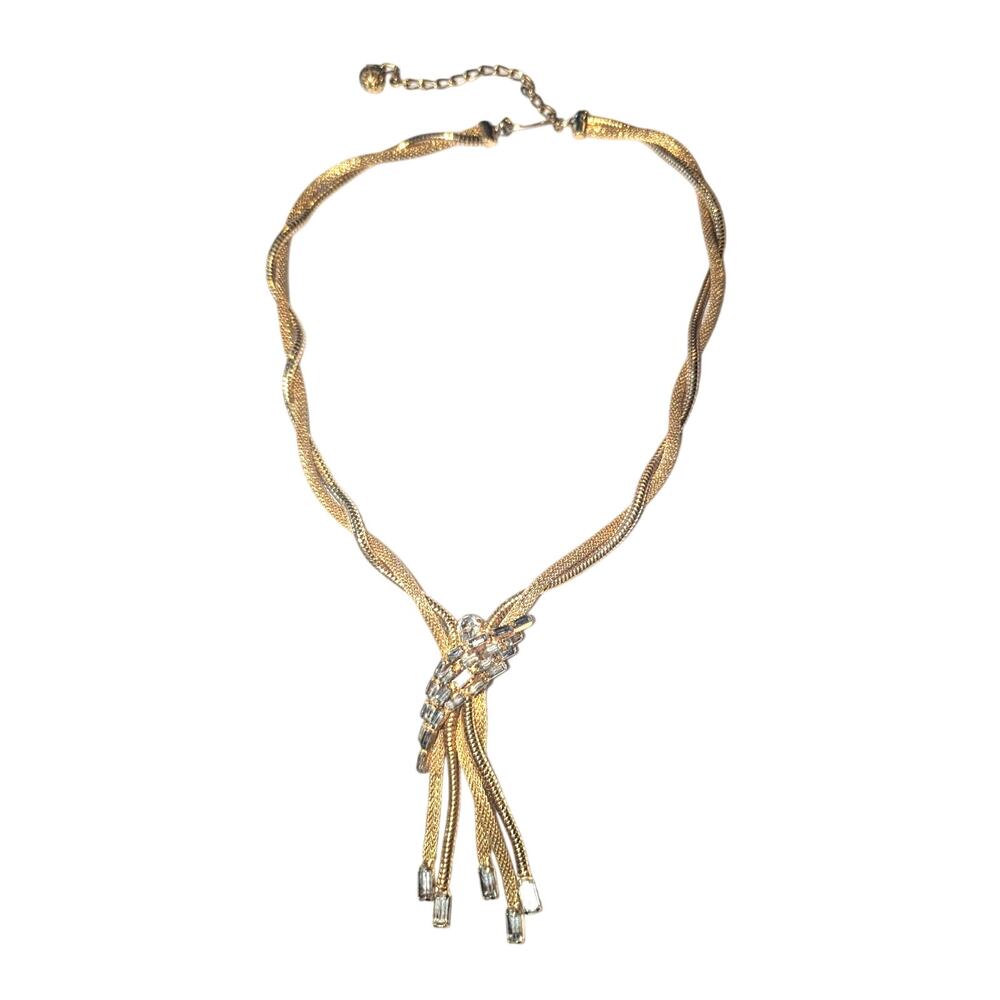 Vtg FJJ Signed Multi Strand Necklace Mesh Gold Tone Baguette Rhinestone Y Drop